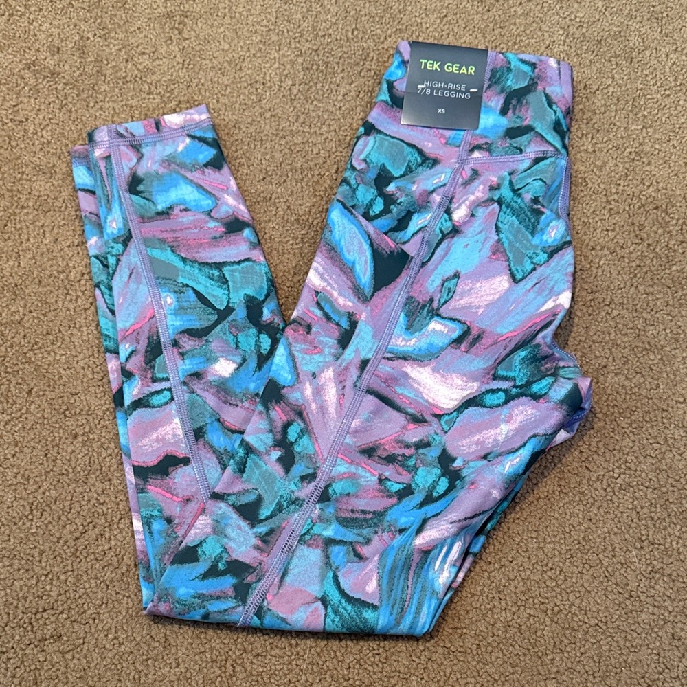 tek gear Women’s High-Rise Leggings in Purple and Blue Abstract Print